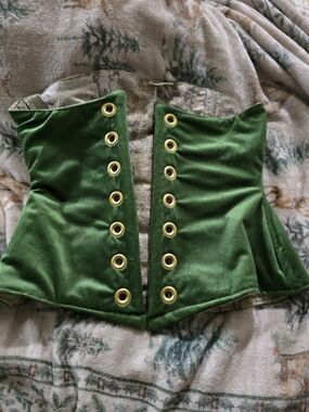 Green Velvet Corset-Style Bustier with Gold Eyelets
